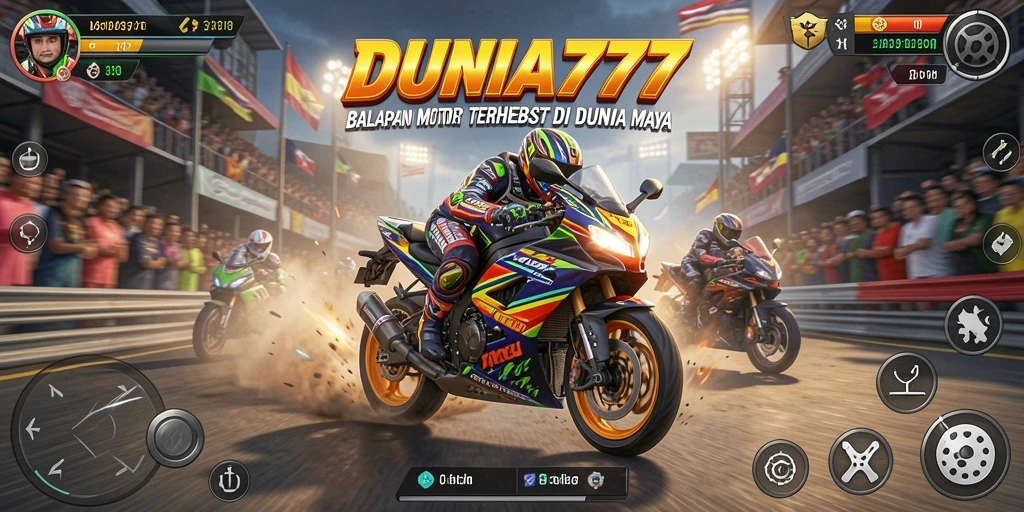 Tampilan gameplay menegangkan dari DUNIA777 saat balapan motor.
