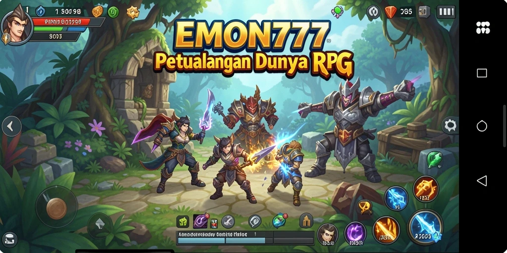 Tangkapan layar utama EMON777 menampilkan pertempuran RPG yang mendebarkan.